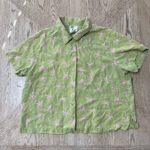Kula Kula Silk Green Pink Palm Tree Cropped Short sleeve Button Down Shirt Large